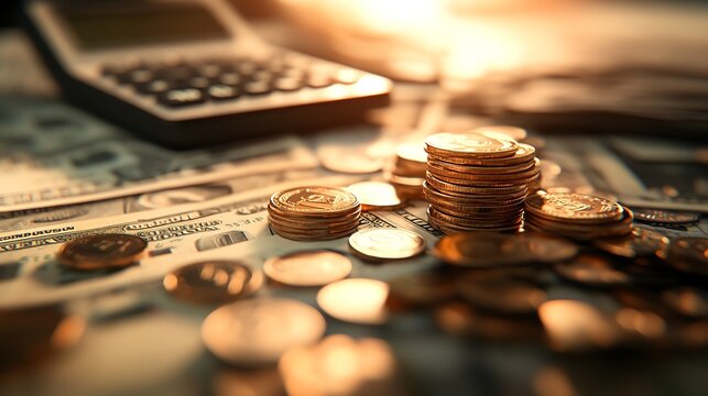 A close-up of coins stacked on dollar bills with a calculator, symbolizing finance and investment.