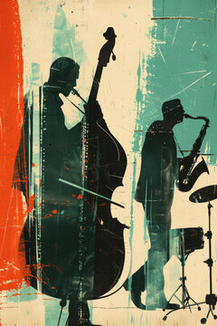 An abstract jazz event poster featuring musicians performing in a vibrant setting at the downtown jazz club on Saturday night