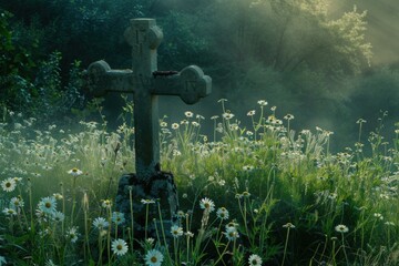 Fototapeta premium A Cross Set in a Field of Wildflowers with the Early Morning Sun Casting a Soft Light Over the Scene