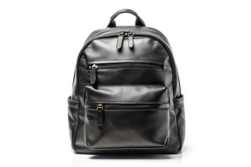 Fototapeta premium Leather black backpack isolated on white background at eye level