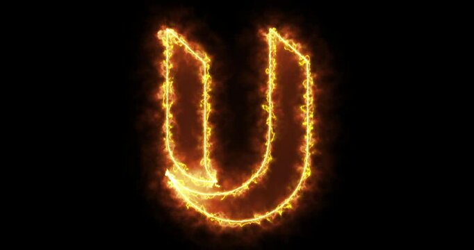 4K fire U alphabet with moving neon outline on black background. U alphabet on black background for an online shop, blog, web, cafe, and hotel. Technology video material animation. Easy to use.
