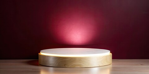 Glowing wooden platform with a red backdrop.