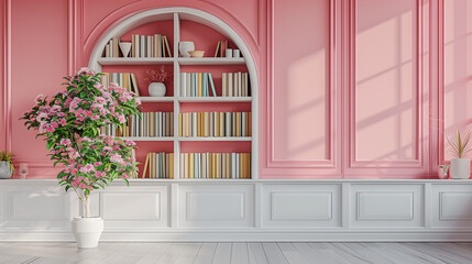 white bookshelf in a pastel pink wall, with books and paintings of flowers