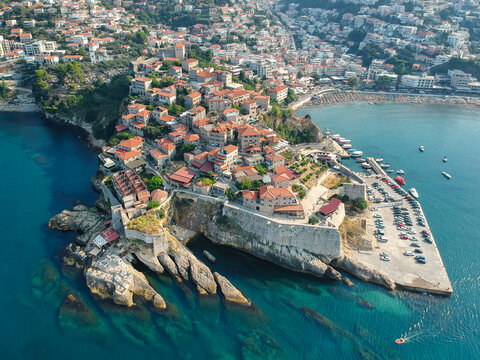 Sunset aerial view the old town of Ulcinj, Montenegro.