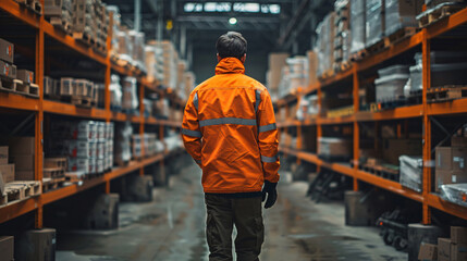 A logistics manager in uniform walking through a transport terminal, overseeing the organization and delivery of freight boxes in an industrial setting