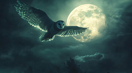 Fototapeta premium An owl in flight against a full moon