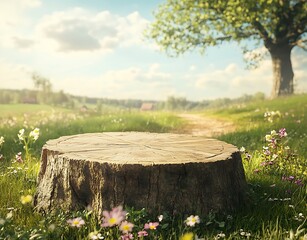  Empty podium against a green farm background for product presentation. Mockup platform with a village house and a road,