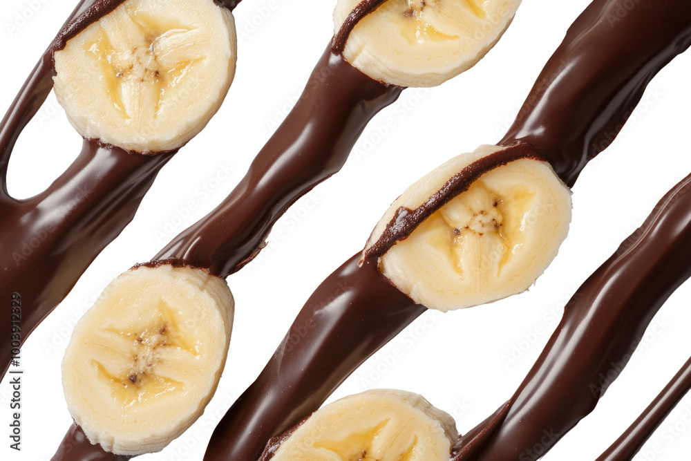 Poster ripe banana slices dipped in rich chocolate ,isolated on transparent background
