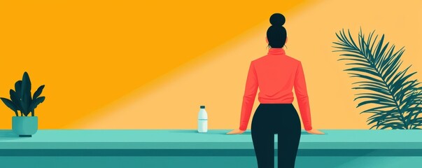 Fit woman doing resistance band exercises in a modern home gym, daily routine tracker and water bottle nearby, home workout, fatfighter structured exercise routine concept