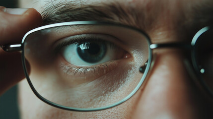 Close-Up Shots of Hands Interacting with Glasses Adjusting Frames and Focusing on the Eyes for a Detailed Look in Photorealistic Quality