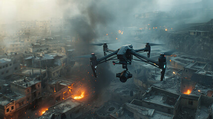 An action shot of a drone equipped with a camera flying over a warzone, capturing aerial footage with a focus on its advanced technology and robust design