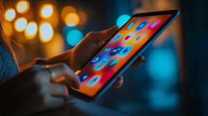 Evening social media browsing on a tablet with vibrant app icons and warm ambient lighting