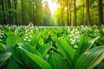 Obraz premium Lily of the valley field in lush green forest, wide angle view