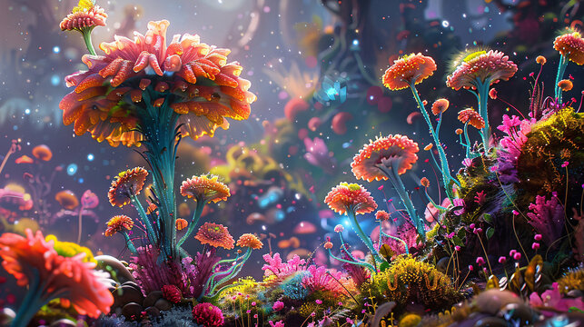 An artistic representation of an alien world, with a focus on colorful, abstract plants and microorganisms, rendered in a whimsical and fantastical style