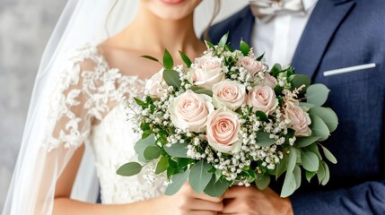 A bride in a stunning white gown and veil leans into her groom, who wears a classic black suit. They share a gentle smile, surrounded by a soft ambiance of love
