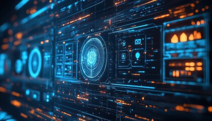 Fototapeta premium Functional home storage solutions with glowing digital guides and smart organization systems Futuristic Hologram Minimalist