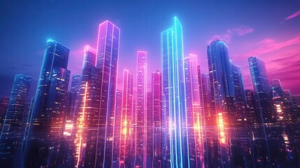 Obraz premium Glass building design glowing with neon lights and holographic reflections in a futuristic landscape Futuristic Neon High Detail
