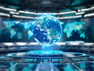 Futuristic Holographic Globe in High Tech Control Room for Global Monitoring and Decision Making