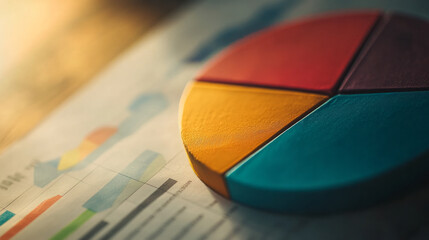 Explaining a colorful pie chart during a business presentation in a modern office environment with data charts