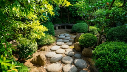 Naklejka premium Stone Pathway to Secluded Bench in Japanese Garden