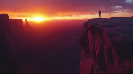 Lone Hiker Standing on Canyon Cliff at Vibrant Sunset