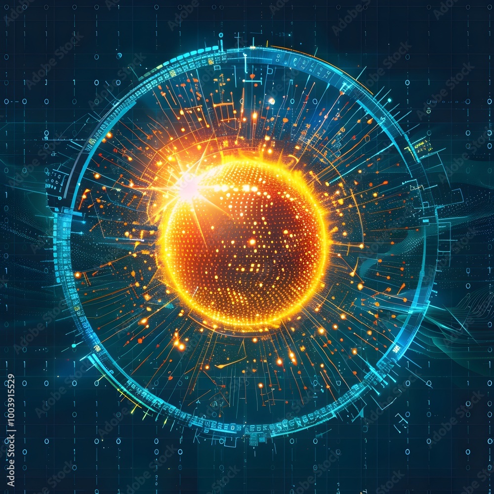Poster futuristic digital sun radiating binary code and patterns in a cosmic space concept