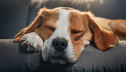 close up photo of dog sleeping on grey sofa