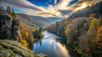 Fototapeta premium Long exposure of Silhouette Karlstal gorge Moosalb in the Palatinate Forest near Trippstadt