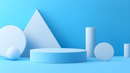 Mock up podium for product, geometric elements, blue background,3d render, 3d illustration. 