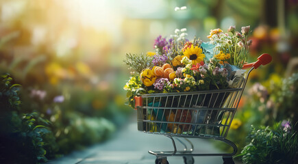 A shopping cart brimming with colorful flowers sits on a pathway in a garden center, illuminated by soft sunlight on a pleasant afternoon.