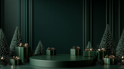 Emerald Green Round Podium with Gold, Royal VIP Round Platform. Presents Xmas Trees Lights. Realistic 3D Space for Product Advert. Christmas  Table for Promotion. New Year Sale Cylindrical Stage.