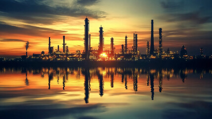  An oil refinery processing crude oil into various products. 