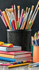 Fototapeta premium A vibrant stack of magazines sits atop a desk, inviting kids to explore fun crafts in an organized art studio filled with paints and tools for creativity