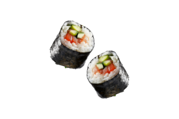 Sushi rolls or Maki with salmon and cucumber taste wrap by rice and seaweed falling in the air isolated on background.