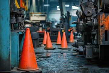 Orange traffic cones in a manufacturing environment with machinery and tools.