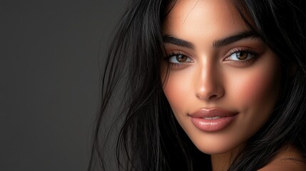 Naklejka premium Stunning Close up Portrait of an Elegant and Captivating Dark Haired Beauty