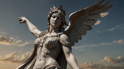 Fototapeta premium A dynamic statue of Nike, the winged goddess of victory, flying above a battlefield, her arms outstretched as she crowns the victor.