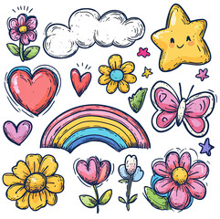 Naklejka premium Set of hearts, flowers, and rainbows