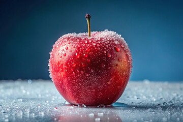 Long shot of a frosty red apple with ice on a white background