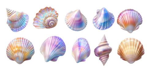A set of holographic shells with bright shimmering glitter and fancy shapes. The shells are cut out and isolated on a transparent background. Iridescent shell gradient in blue and pink pastel shades.