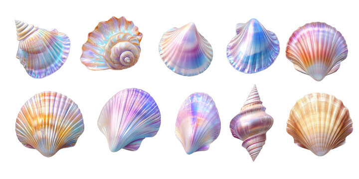 A set of holographic shells with bright shimmering glitter and fancy shapes. The shells are cut out and isolated on a transparent background. Iridescent shell gradient in blue and pink pastel shades.