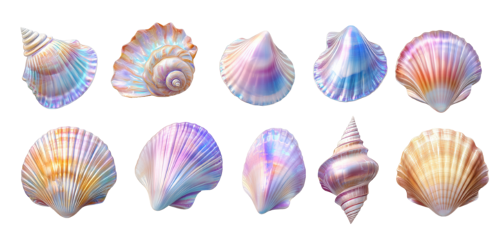 A set of holographic shells with bright shimmering glitter and fancy shapes. The shells are cut out and isolated on a transparent background. Iridescent shell gradient in blue and pink pastel shades.
