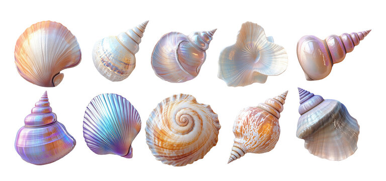 A set of holographic shells with bright shimmering glitter and fancy shapes. The shells are cut out and isolated on a transparent background. Iridescent shell gradient in blue and pink pastel shades.