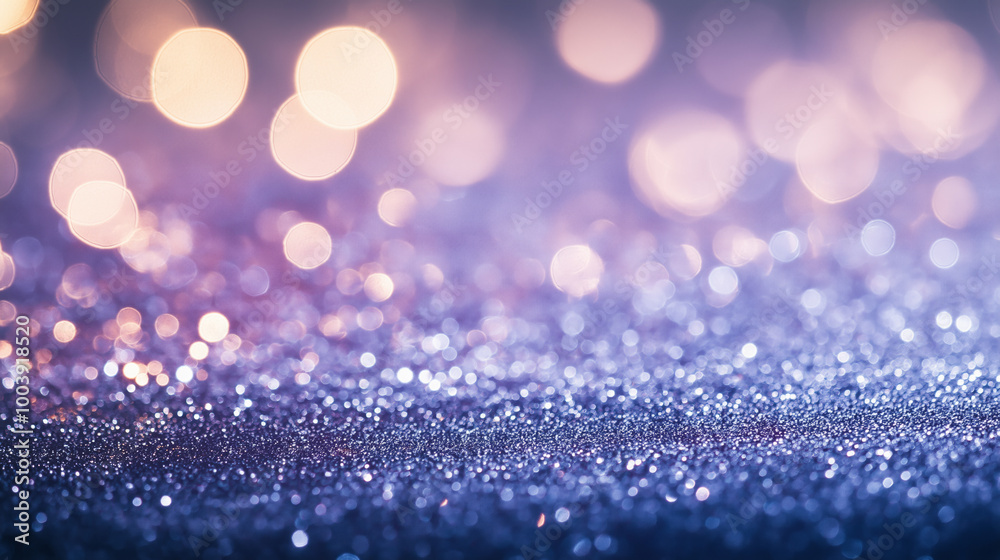 Poster a shimmering display of soft bokeh lights against a sparkling surface at twilight, creating a tranqu