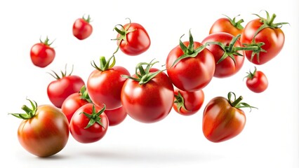 Long shot of flying fresh tomatoes isolated on white background with clipping path