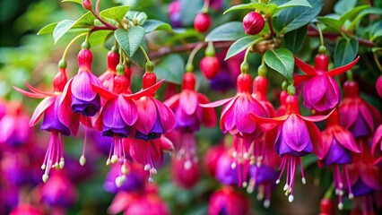 Long Shot of Fuchsia Flowers on Shrub in Garden