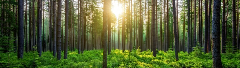 Fototapeta premium Sunlit Forest Serenity, a tranquil forest scene where vibrant sunlight filters through lush green leaves, creating a warm and inviting atmosphere amidst towering trees.