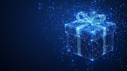 Abstract Gift Box on Blue Background Digital Joy Symbol with Lines, Dots, and Triangles