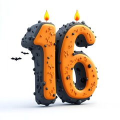 Flickering Halloween Number 16 with Candlelight Isolated on White Background