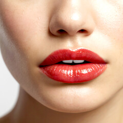 Fototapeta premium 赤い口紅を塗った若い女性の唇